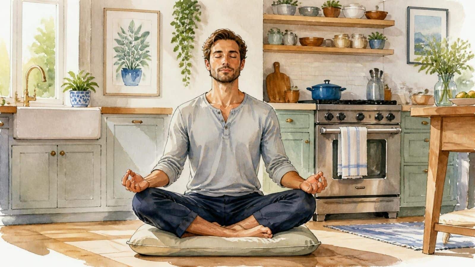 A watercolor illustration of a man sitting cross-legged on a floor cushion in a kitchen with eyes closed, illustrating why legs go numb during meditation.